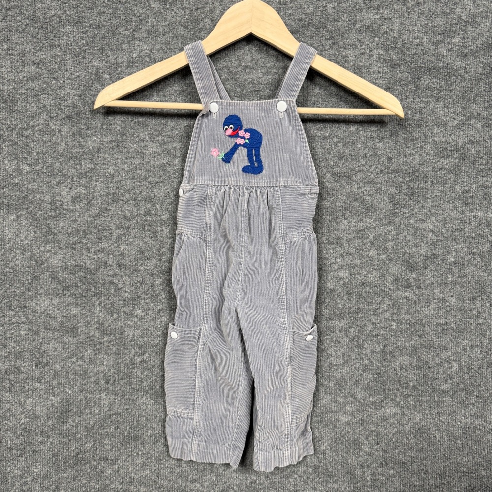 Toddler 1 Bib Overalls Gray Cotton Embroidered Cargo Corduroy Flower Crossback